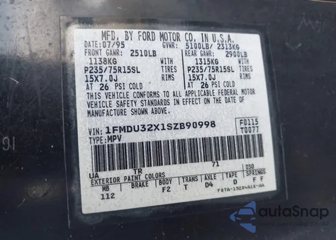 1995 Ford Explorer z USA, uszkodzony, nr VIN 1FMDU32X1SZB90998